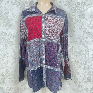 Charter Club Blouse Patchwork Cottagecore Floral Print Button Up Red Blue Cotton
